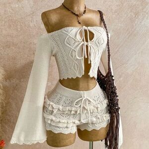 Cream Off-Shoulder Knit Set top and shorts small crochet ruffle boho bohemian